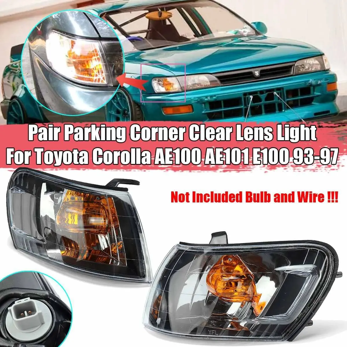 2PCS Car Front Corner Lamp Lights Lens Black for Toyota Corolla AE100 E100 AE101 1993-1997 Signal Lamp No Wire