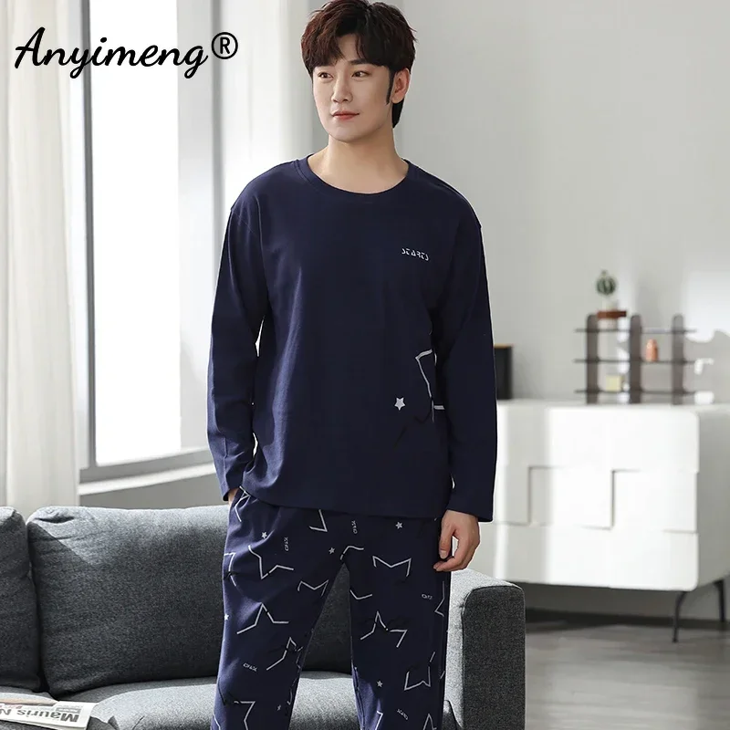 Conjunto de Pijamas de estilo minimalista coreano para hombre, ropa de dormir de algodón de manga larga, para ocio, a la moda