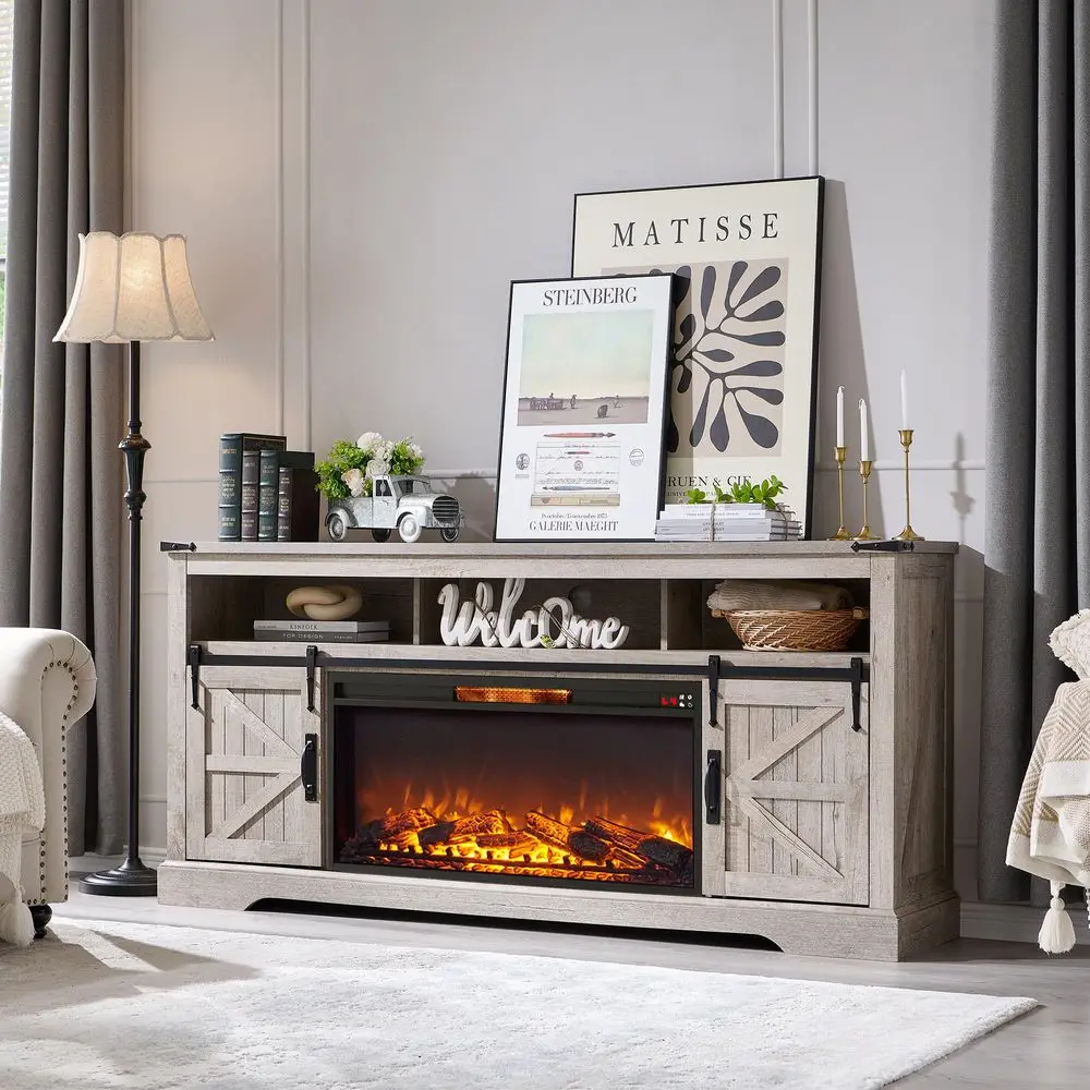 

Fireplace TV Stand for 80 Inch TV, 33 Tall Highboy Farmhouse Entertainment Center w 36 Electric Fireplace, Rustic Media Console