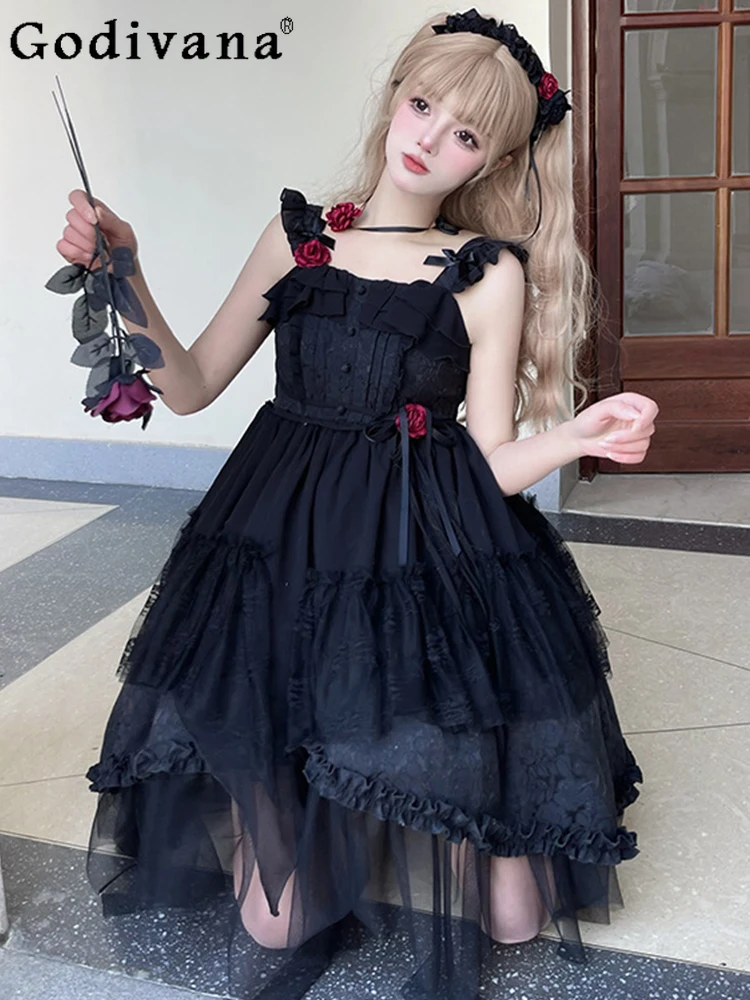 

Black Lolita Daily Dark Ruffles Gauze Irregular Suspender Princess Dress 2025 Summer New Gothic Flower Age Reduction Dresses