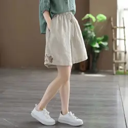 Women Summer Simplicity Loose Embroidered Cotton and Linen High Waist Wide Leg Women Clothes Casual All-match Appear Thin Shorts