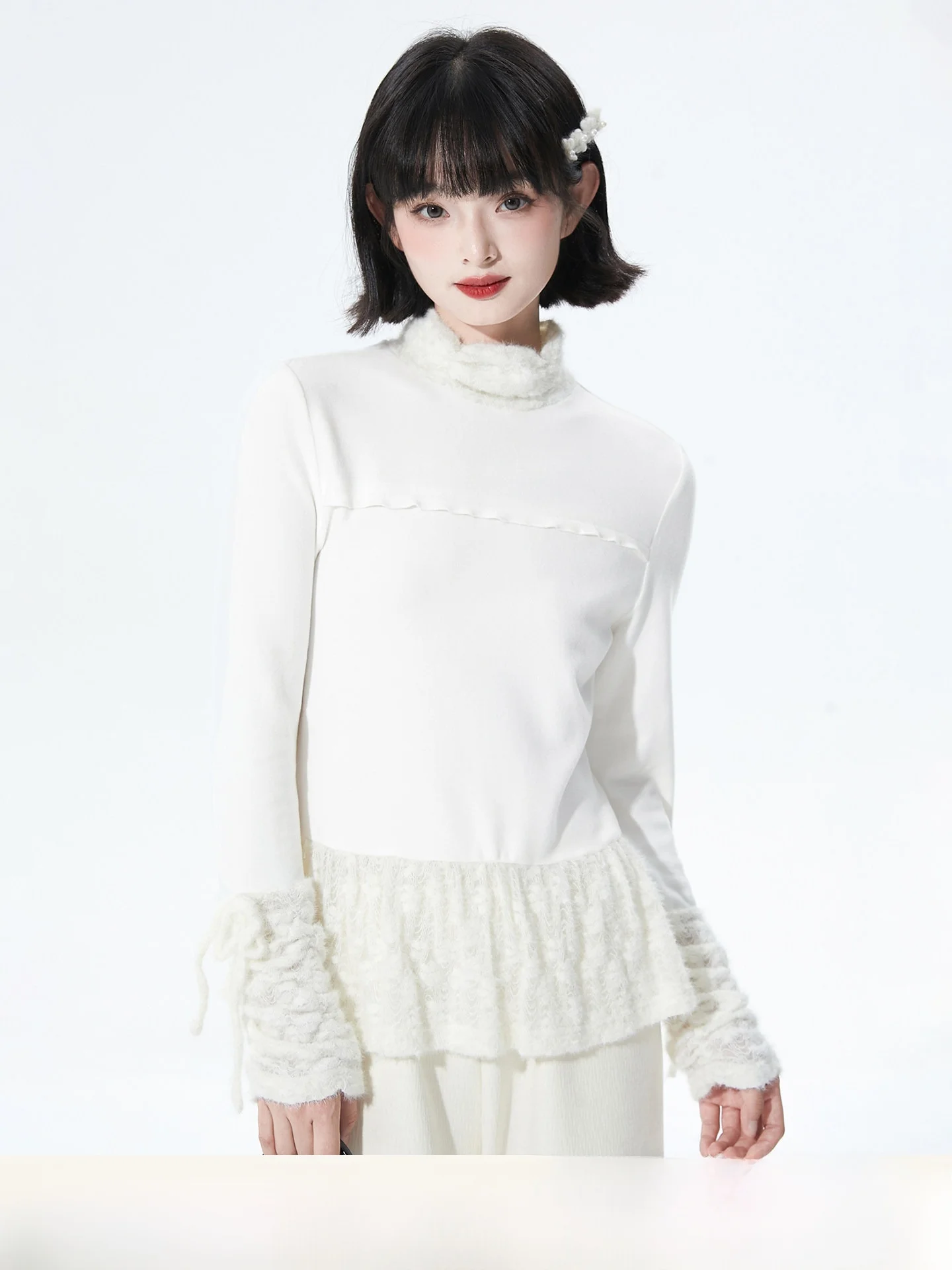 

Облегающий вязаный топ с кружевными вставками цвета Cloud Sugar Milk и кружевной отделкой для женщин, базовый слой для осени и зимы, для повседневной носки