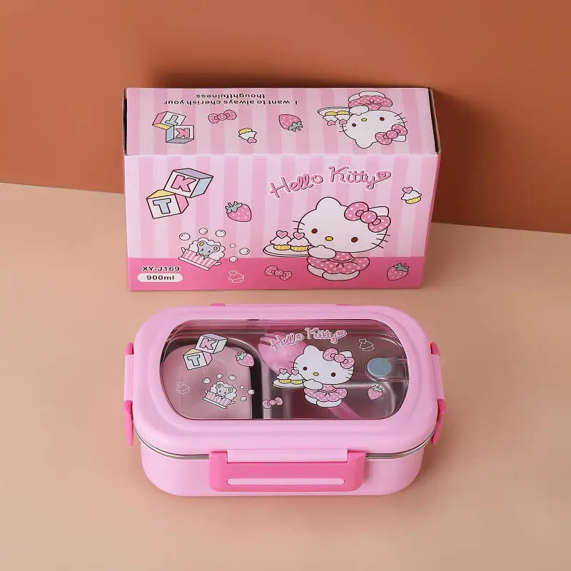 핫한 산리오 헬로키티 학생 도시락 귀여운 애니메이션 휴대용 만화 물 주입식 열분리 식기 세트 수프 그릇 포함