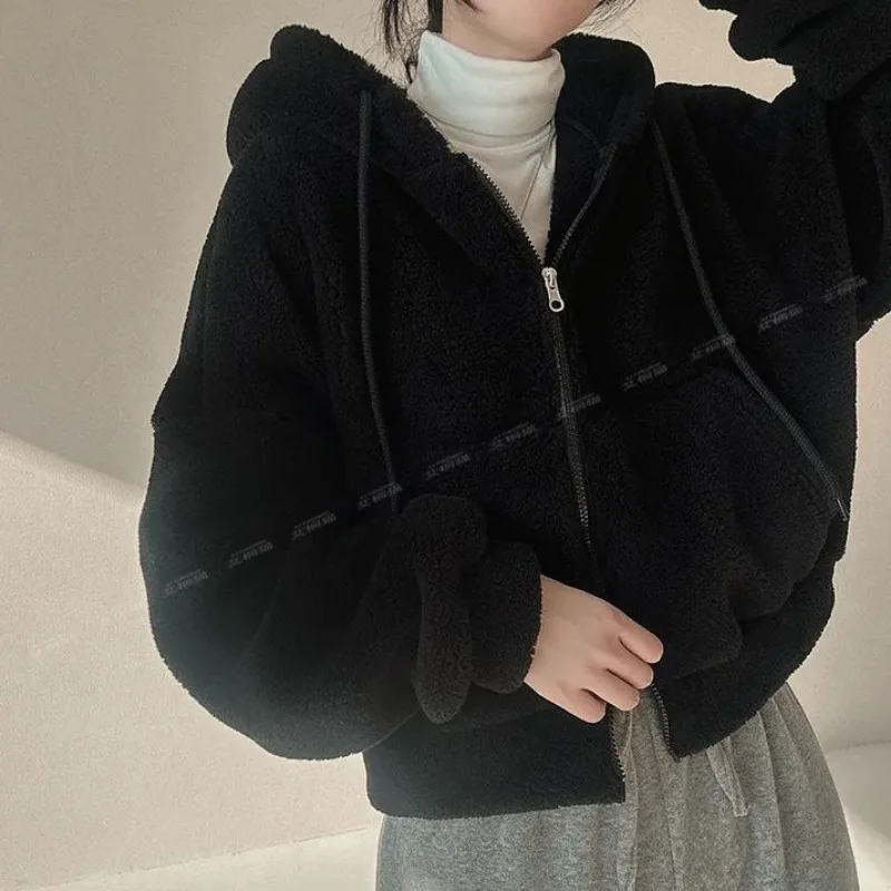 Hooded Hoodies Women Winter Thicker Coats Solid Korean Style Zipper Lambswool Jackets Soft Streetwear Loose Harajuku Chic Girl