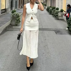 TRAFZA Office Lady Beige Knitted Women Suit V Neck Gold Button Vest+High Waist Ruffles Long Skirts Fashion 2024 Elegant Sets