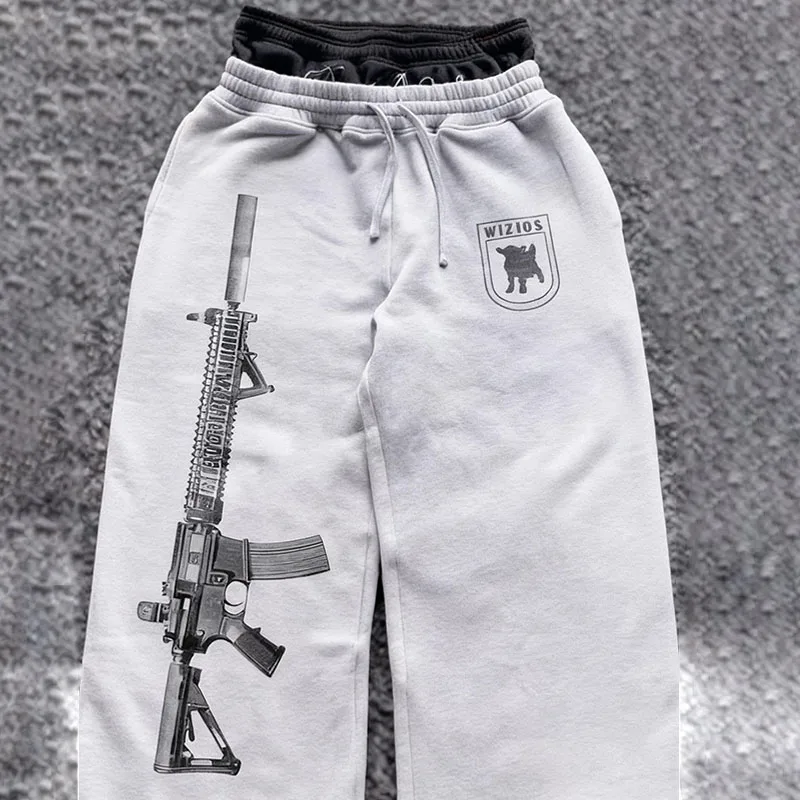 Oversized Gray Sweatpants with Gun Graphic Men's 2025 New Streetwear Loose Wide Leg Pants Hip Hop Casual Trousers