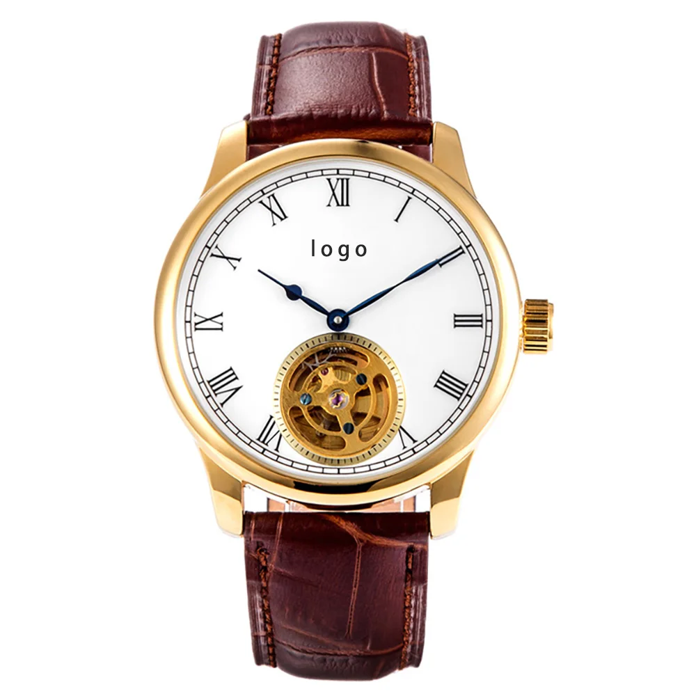 

Classic 2 Hand Leather Strap Watch Open Aperture and Exhibition Case Back Men Watch Automatic Vintage Mechanical Watch