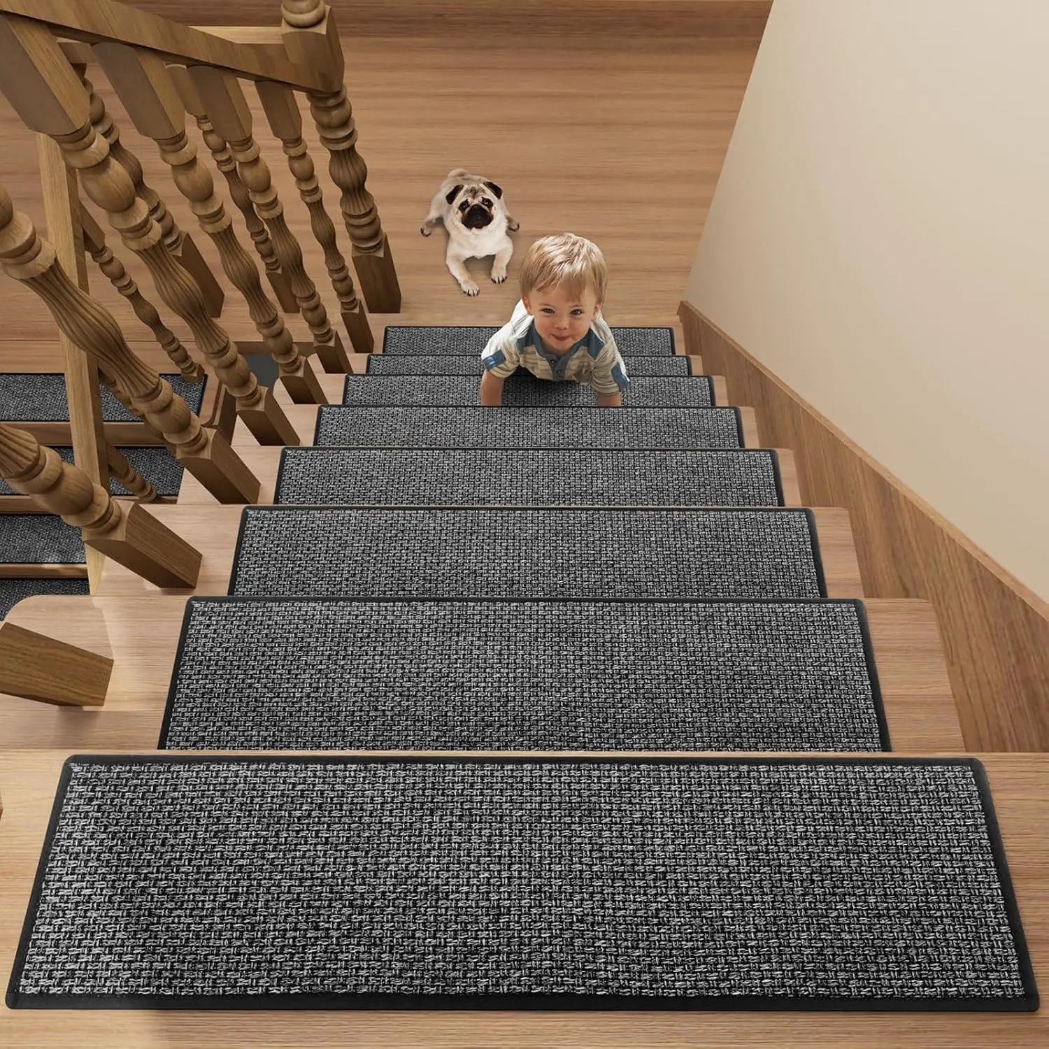 

Non-Slip Rubber Backing Stair Treads Carpet, 15 pcs for Wooden Steps, Soft Polyester Safety Rugs for Indoor Use