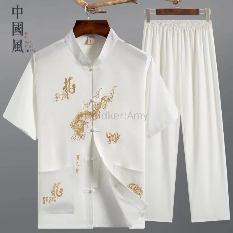 خمر التنين تانغ دعوى الرجال Hanfu الملابس الصينية التقليدية الكونغ فو قميص موحد معطف بأكمام طويلة بلوزات وسراويل #4