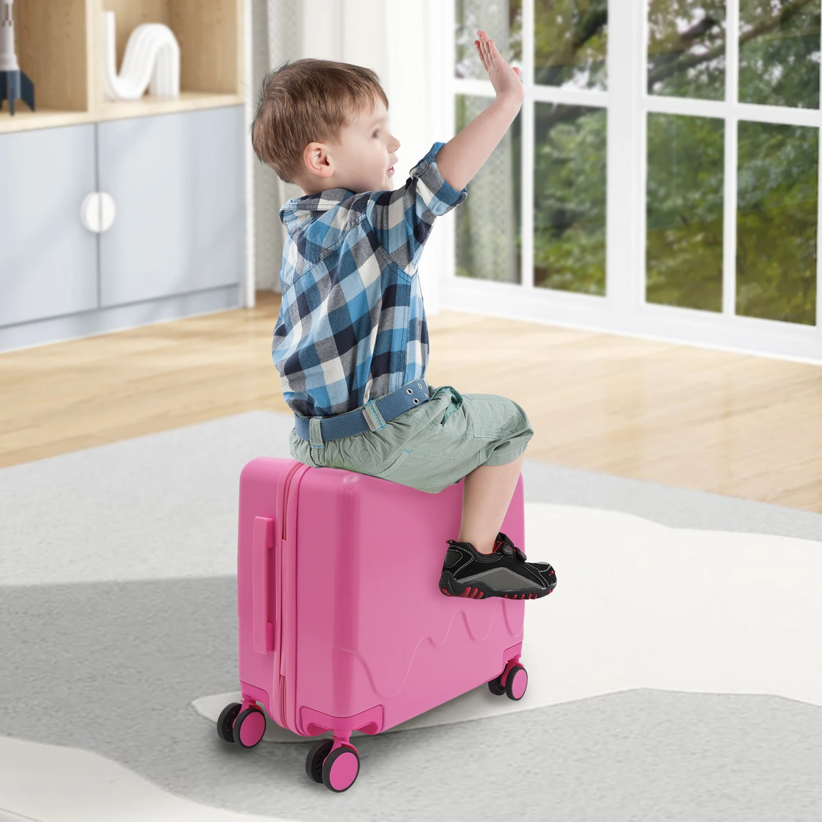 

18" Kids Ride-On Suitcase,Pink Children's Luggage Case, Rolling Luggage Built-in Password Lock w/ Four Silent Universal Wheels