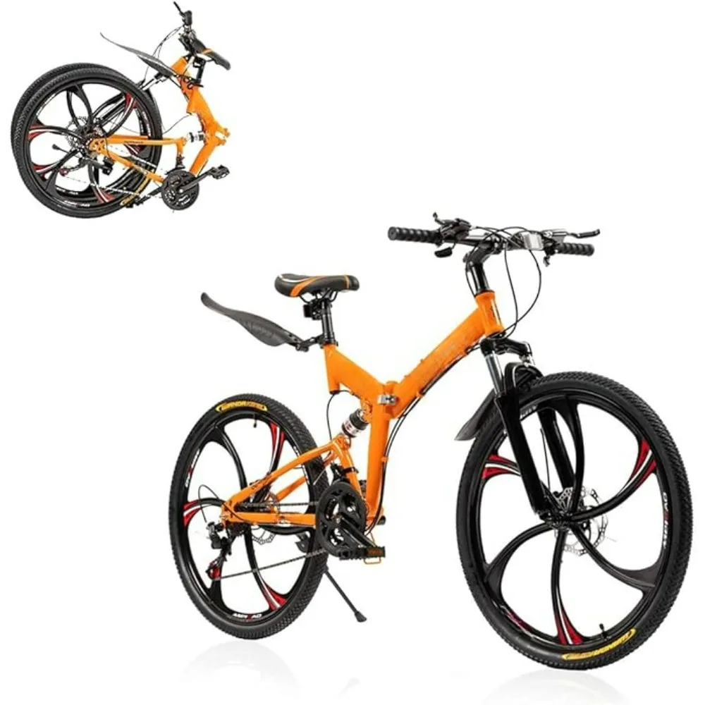 Outroad 26 Inch Folding Mountain Bike, Dual Disc Brake Non-Slip  21 Speed Full Suspension High-Carbon Steel MTB Foldable Bicycle