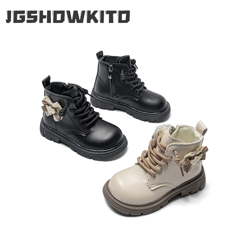 JGSHOWKITO Girls Princess Ankle Boots Side Bow Decor Kids Platform Boots Non-slip Outdoor School Children Fashion Casual Boots