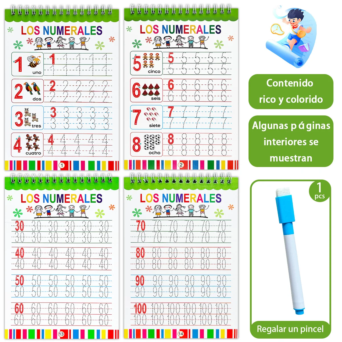 Spanish Reusable Number Tracing Book for Kids, 1-100 Numbers Practice Workbook,  Preschool Early Learning Educational WorkBook
