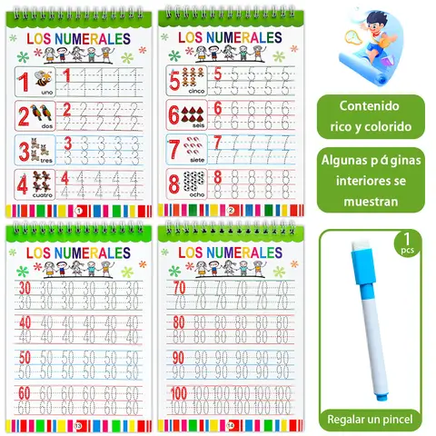 Spanish Reusable Number Tracing Book for Kids, 1-100 Numbers Practice Workbook,  Preschool Early Learning Educational WorkBook