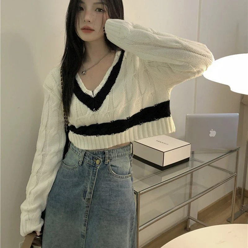 

Gidyq Autumn Women Patchwork Sweater Korean Fashion Streetwear Sexy Cropped Knitwear Female Casual All Match Loose Tops New