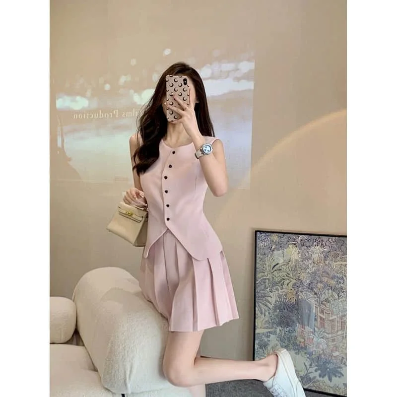 Two Piece Sets Women Outfits Casual Korean Fashion Dress Sets Summer Preppy Style Loose Sleeveless Vest Blazer Pleated Skirts