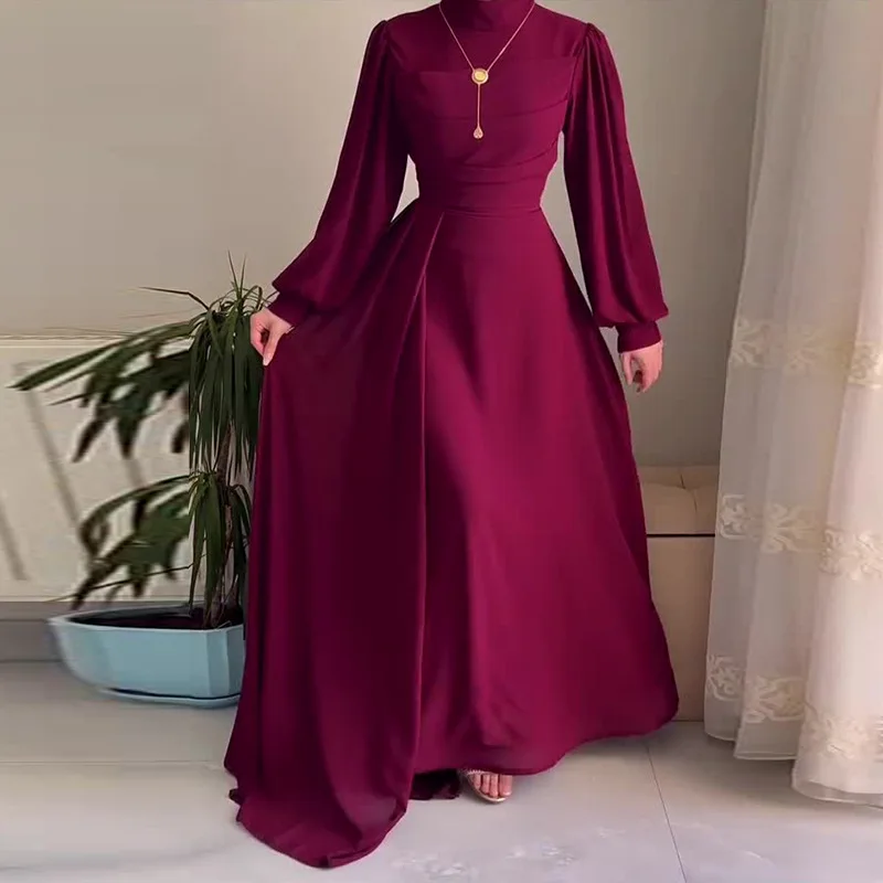 2026 Neues Elegantes Korsett Muslimisches Party-Maxikleid Dezentes Damenkleid mit Langen Ärmeln und Hohem Kragen Sommer Chiffon A-Linie Formelles Abendkleid – Detail 6