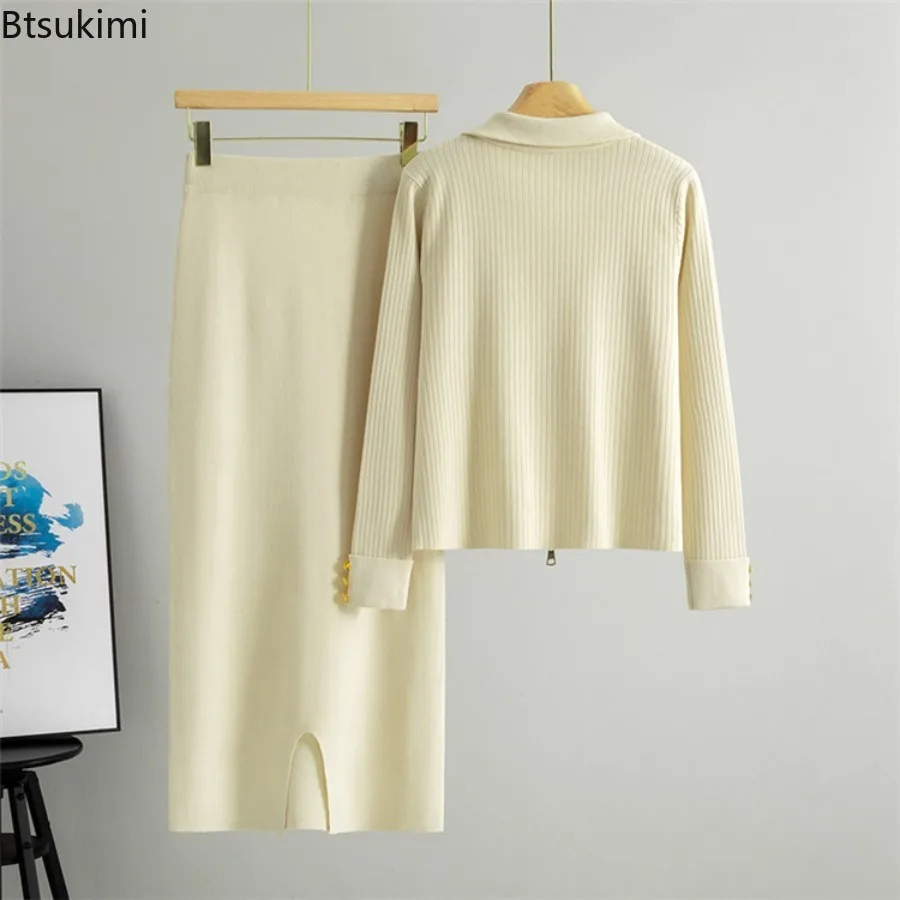 Women Polo Collar Knitted Skirt Set Solid Color Lapel Collar Zip Sweater Cardigan+Slimming High Waist Knitted Skirt 2-piece Set image 6