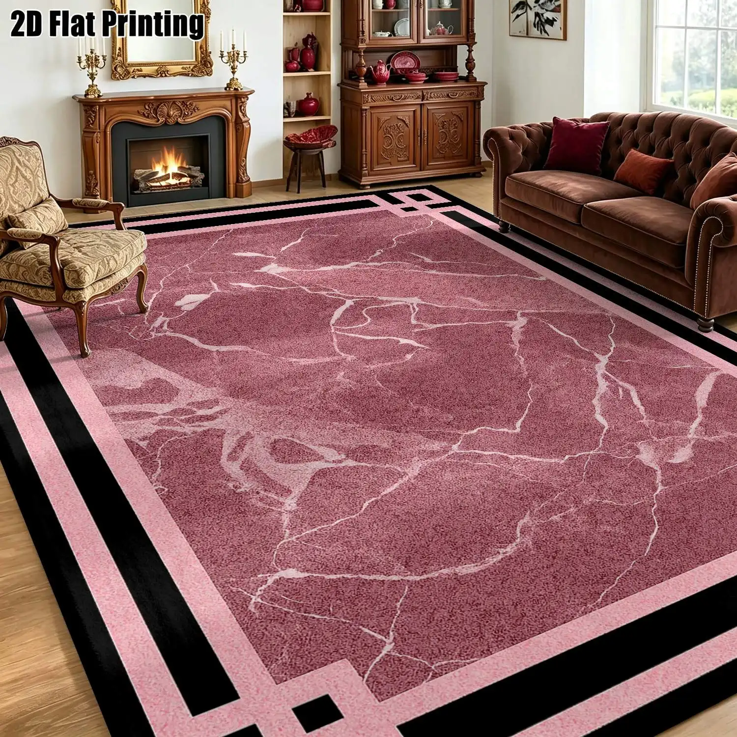 1Pc 2D Printed Pink Marble Texture Carpet: Nordic, Modern Minimalist, Vintage Geometric Striped Style, Home Decor, Multi-Size, Machine Washable, Suitable for Entrance/Dining/Foyer/Bedroom/Living Room