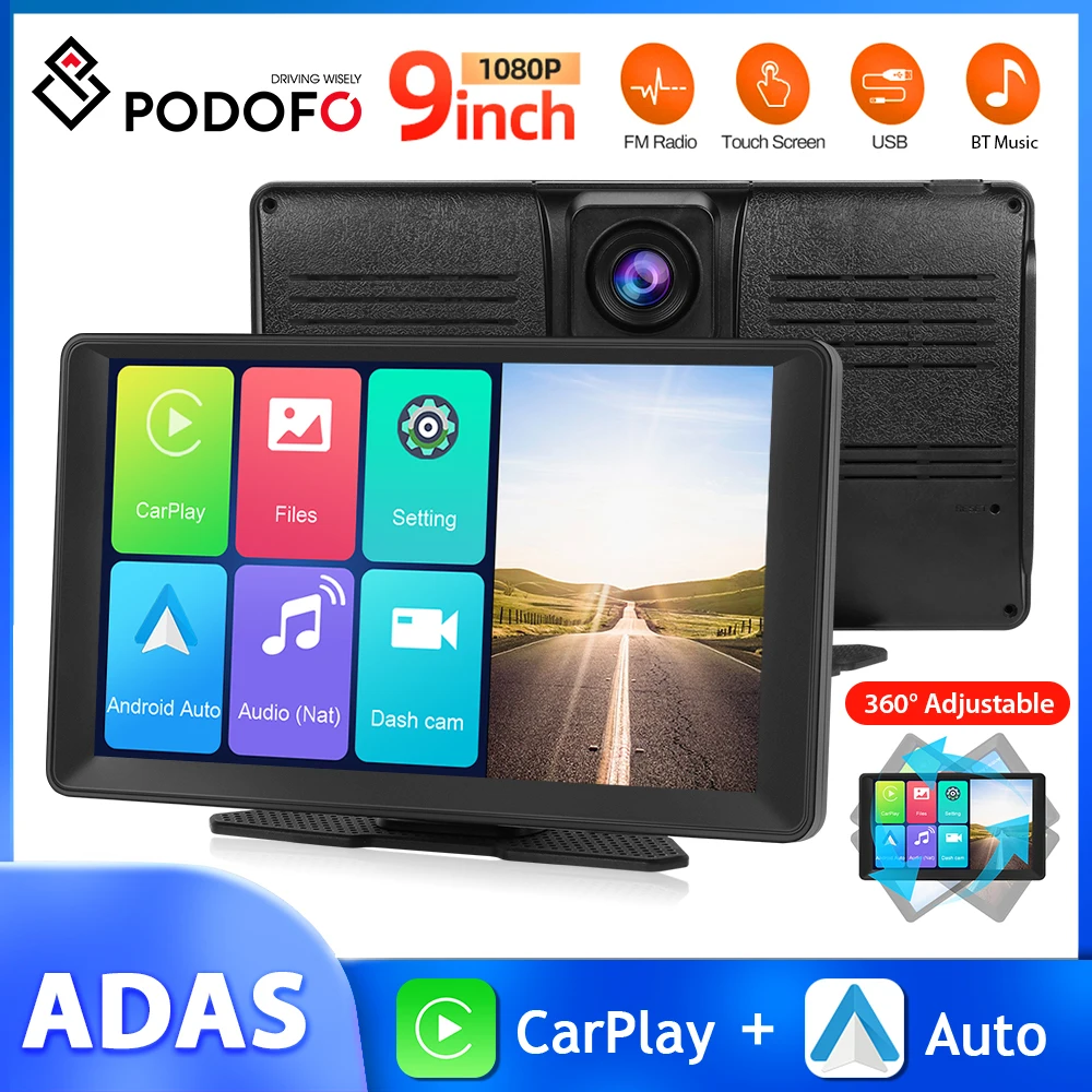 

Podofo 9'' Car Monitor Carplay Android Auto ADAS Dashboard 4K Front Camera DVR WIFI AUX Rear View Camera Smart Screen Player