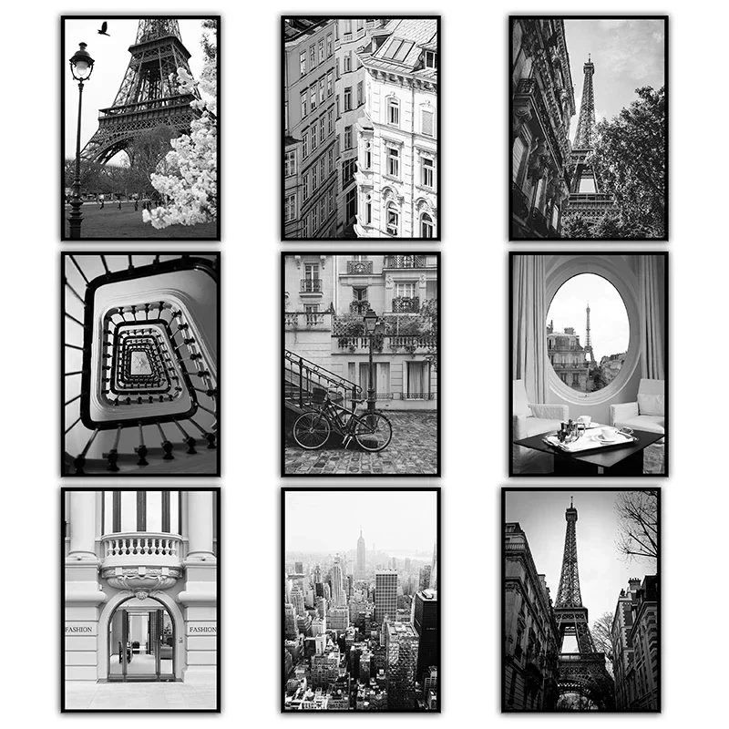 Fashion City Paris Canvas Painting Nordic Posters and Prints Wall Art Black White Pictures for Living Room Home Decoration