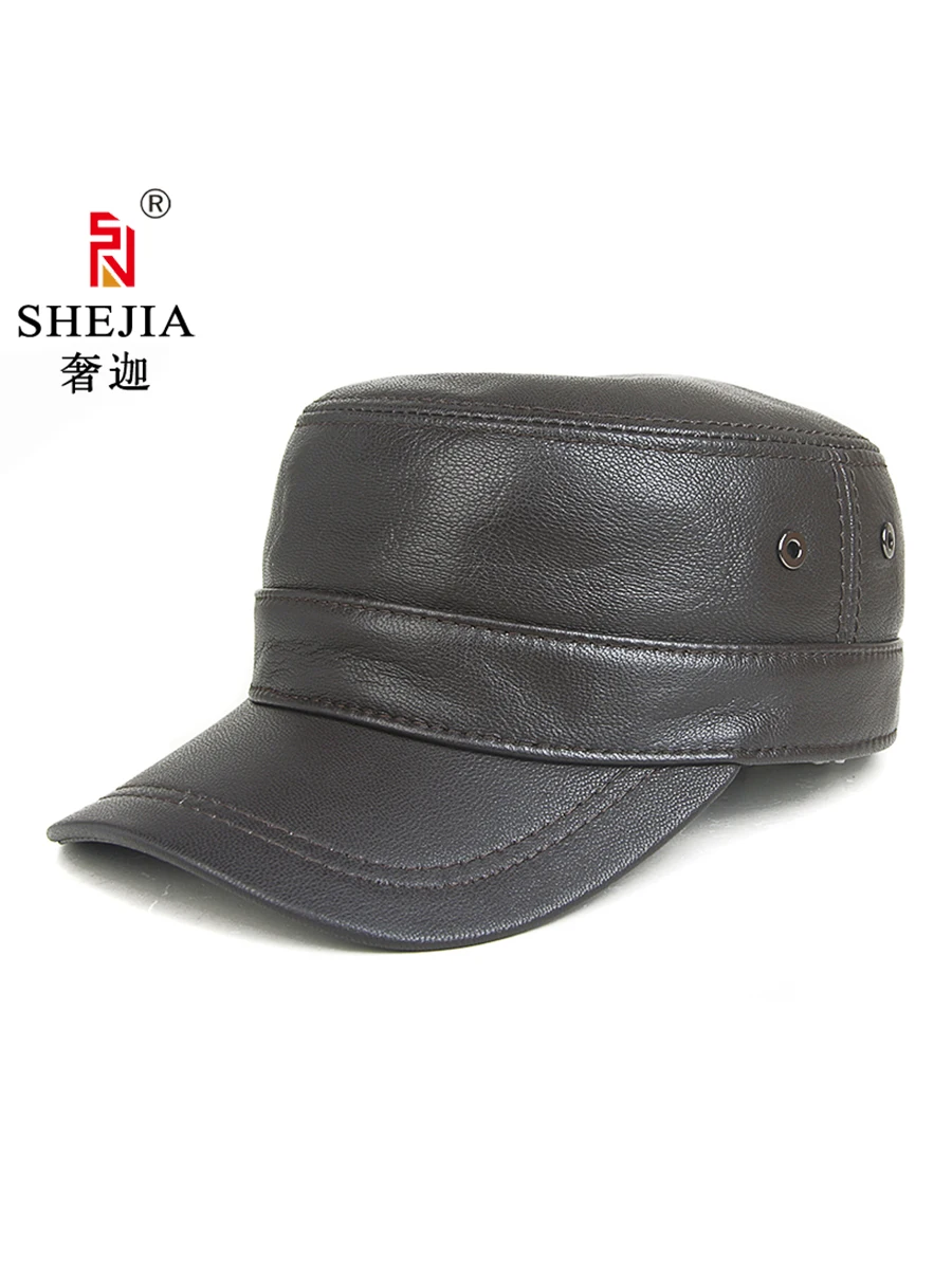 メンズレザーアウトドアキャップ-秋冬-フラットトップ-薄型-日焼け防止-フルエンクロージャー-ポストシール-カジュアルスタイル-中高年向け帽子