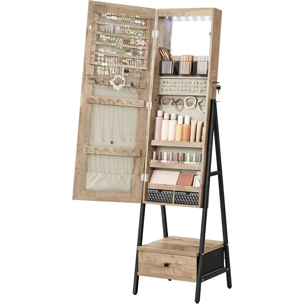 

LED Mirror Jewelry Cabinet Standing, Lockable Jewelry Armoire with Full-Length Mirror, Drawer and Shelf, Toasted Oak Color