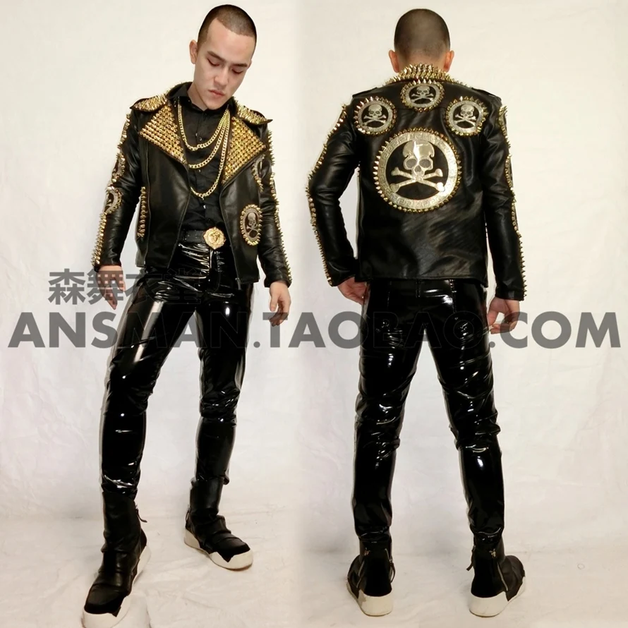 2024 Men New Fashion Slim Jackets DJ Male Skeleton Head Rivet Motorcycle Leather Jacket Plus Size Coat Costume Singer Outerwear