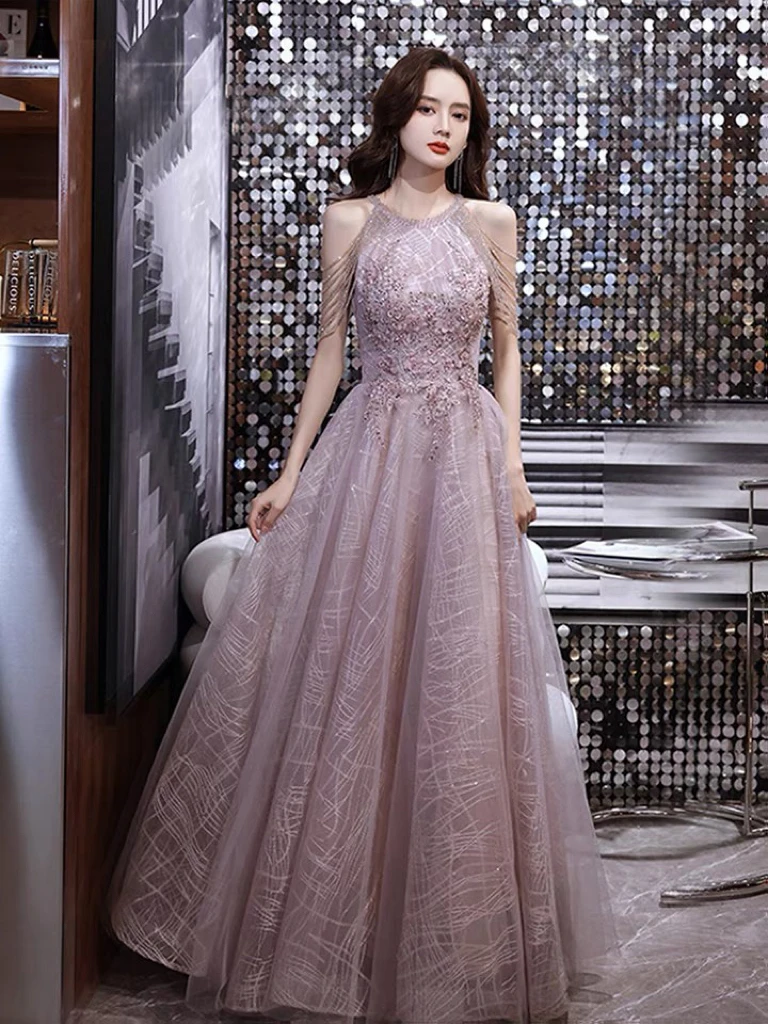 Abiti da sera con scollo all'americana viola chiaro A-line con perline con nappe Appliques Abiti da ballo lunghi per feste di compleanno in tulle senza schienale con paillettes