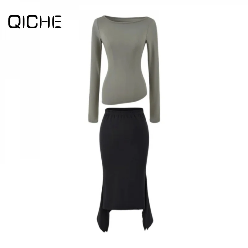 QICHE Women 2026 Solid Simple Boat Neck Irregular Diagonal Hem Long Sleeve T-shirt & Bodycon Midi Skirt 2 Piece Set