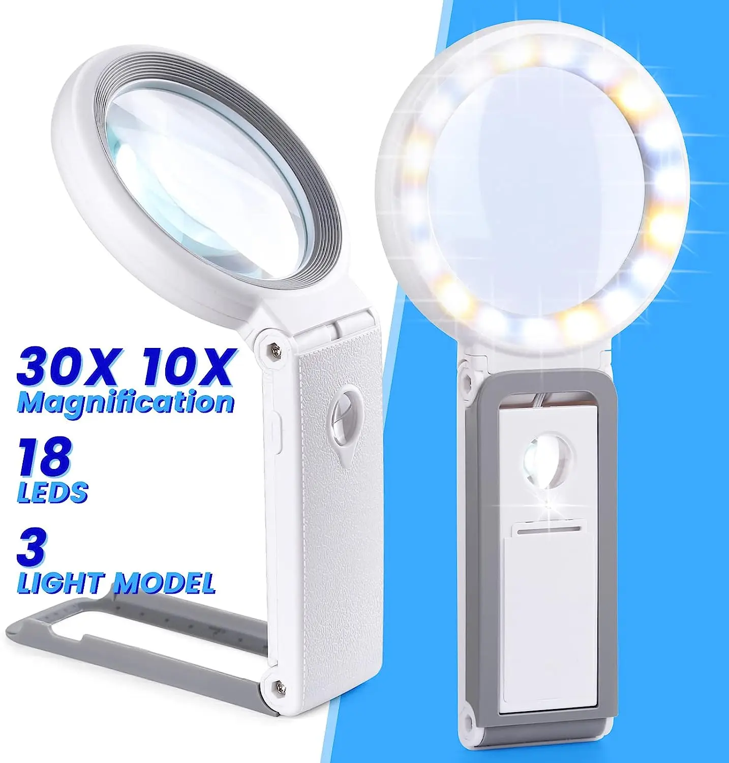 30X 10X Magnifying Glass with Light and Stand Folding Handheld Magnifying Glass 18 LED Illuminated Lighted Magnifier for Reading