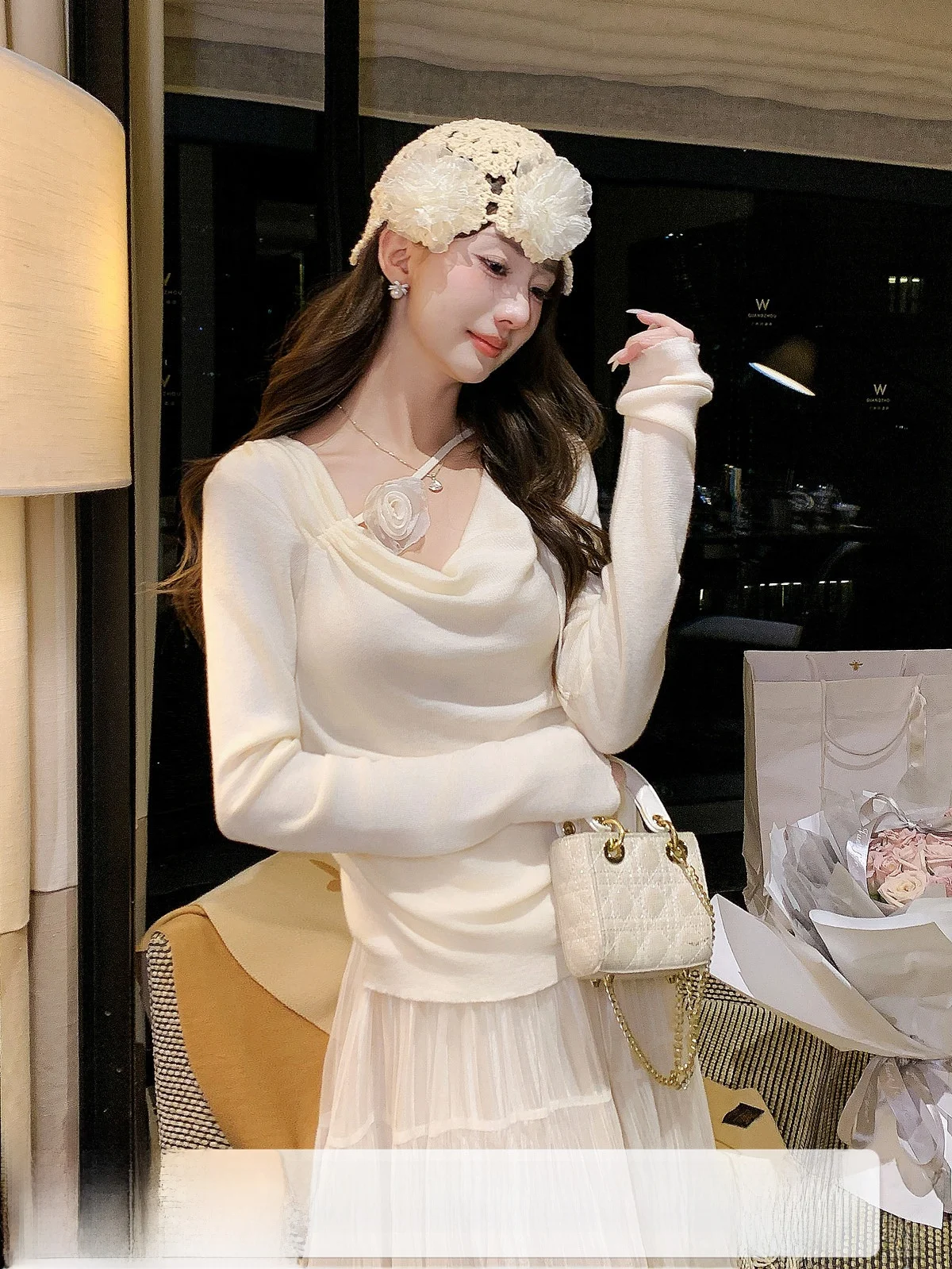 

Французский вязаный свитер для женщин, новинка ранней весны, нежный топ с цветочным узором, 3D-вязка, мягкий, длинный рукав