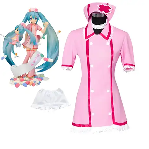 Anime Vocaloid Miku Cosplay Abito da infermiera rosa Uniforme da donna con cappello Calzini Costumi da festa di Halloween