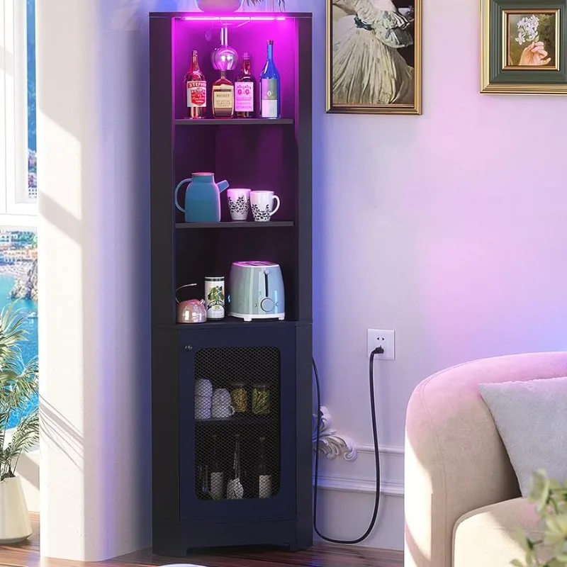 

Black Corner Shelf Stand with Power Outlet, 67'' Corner Bar Cabinet with LED Light and Glass Holder