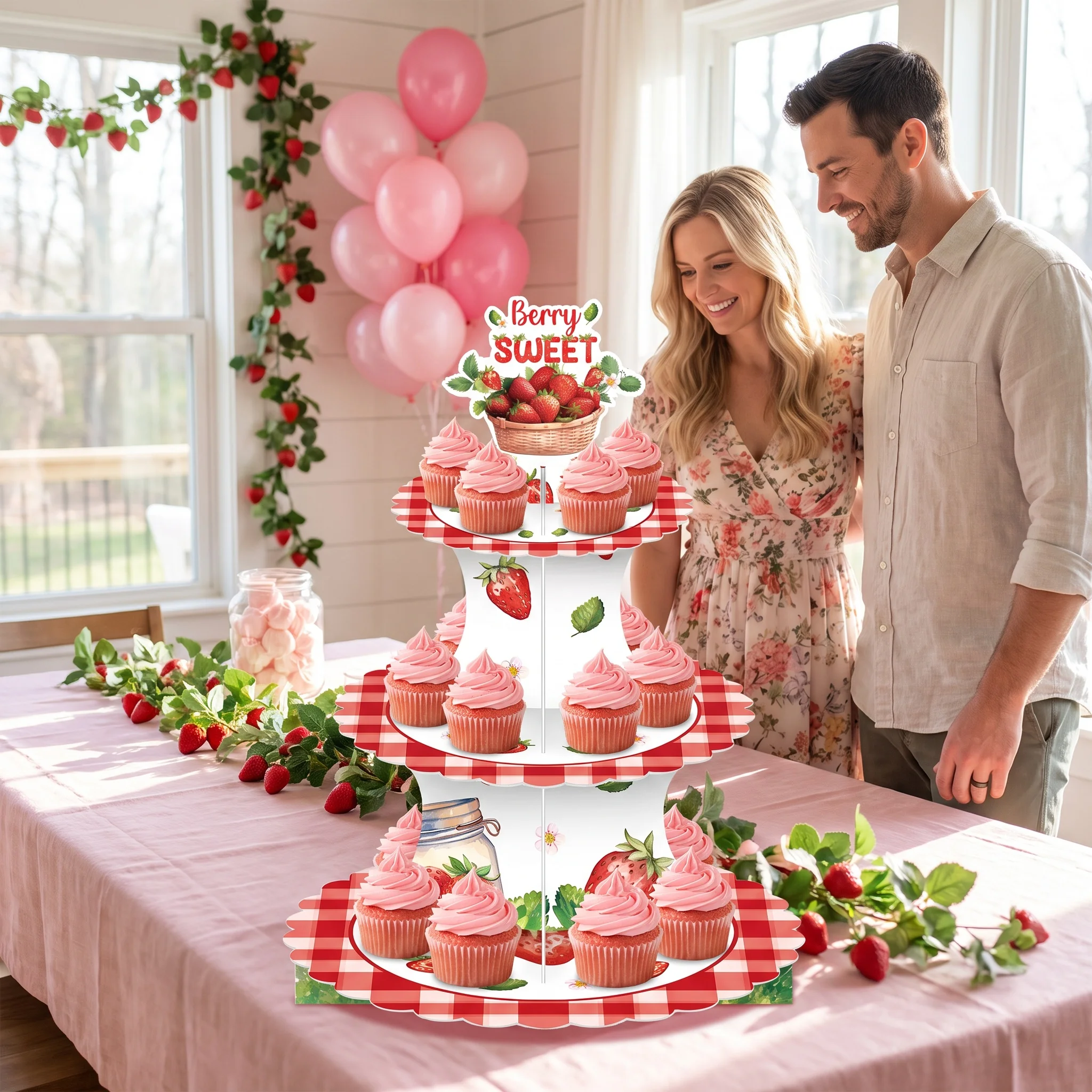 Strawberry Theme 3 Tier Paper Cupcake Holder Red Check Dessert Stand Summer Picnic Birthday Baby Shower Party Table Decor
