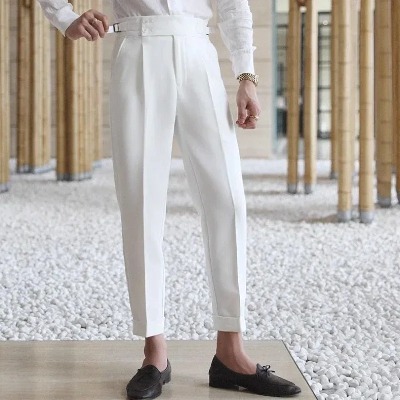 White Men\'s Summer Pants 9 Cropped Straight Male Suit Trousers Anti-wrinkle Vintage 2024 Classic Formal Designer Clothes Fashion