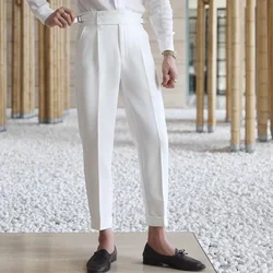 White Men's Summer Pants 9 Cropped Straight Male Suit Trousers Anti-wrinkle Vintage 2024 Classic Formal Designer Clothes Fashion