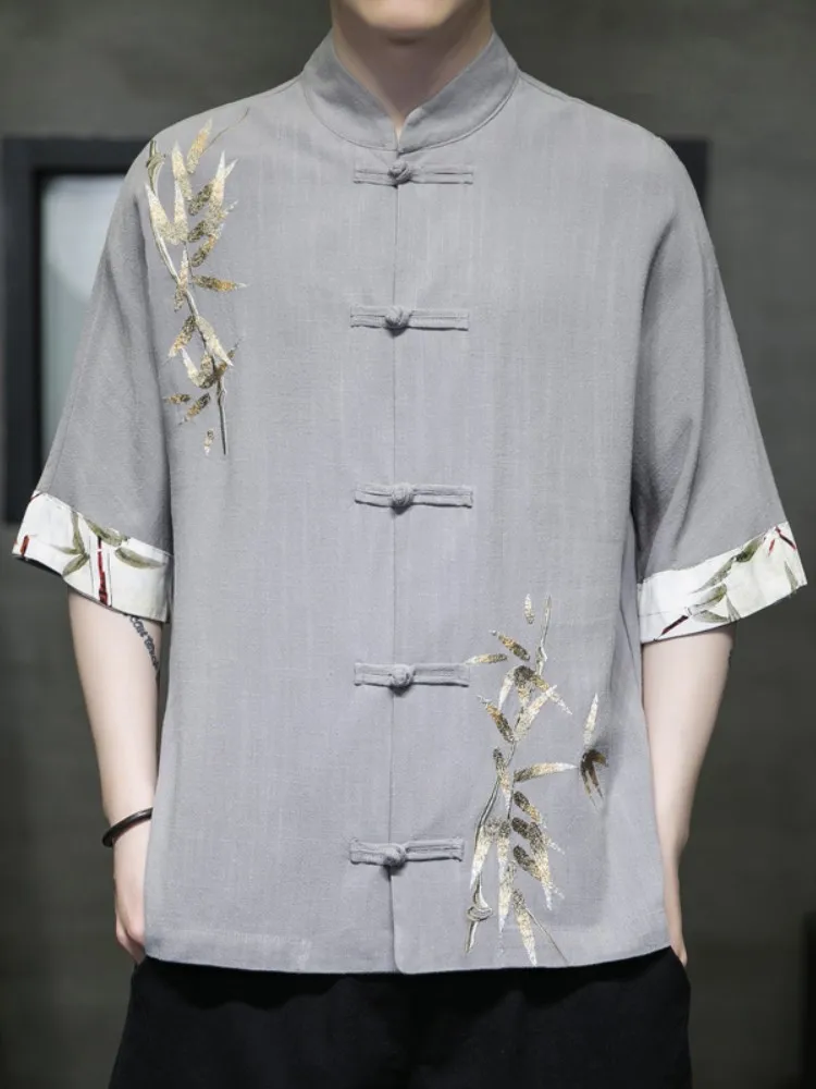 

New Chinese Sle Men's Linen Cotton irt Summer Breathable ort Sve Button up Collar Hanfu Traditional Costume Casual S...