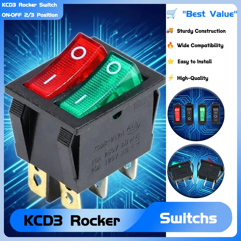 

Кнопочные выключатели питания для электрооборудования, кулисный переключатель серии KCD3 со светодиодом ВКЛ-ВЫКЛ-ВЫКЛ-ВКЛ 16А 250 В/20 А 125 В переменного тока 1 ~ 100 шт.