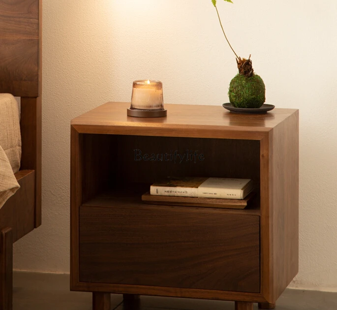 

New Chinese Style Simple Bedside Table Black Walnut Solid Wood Storage Rack Storage Cabinet