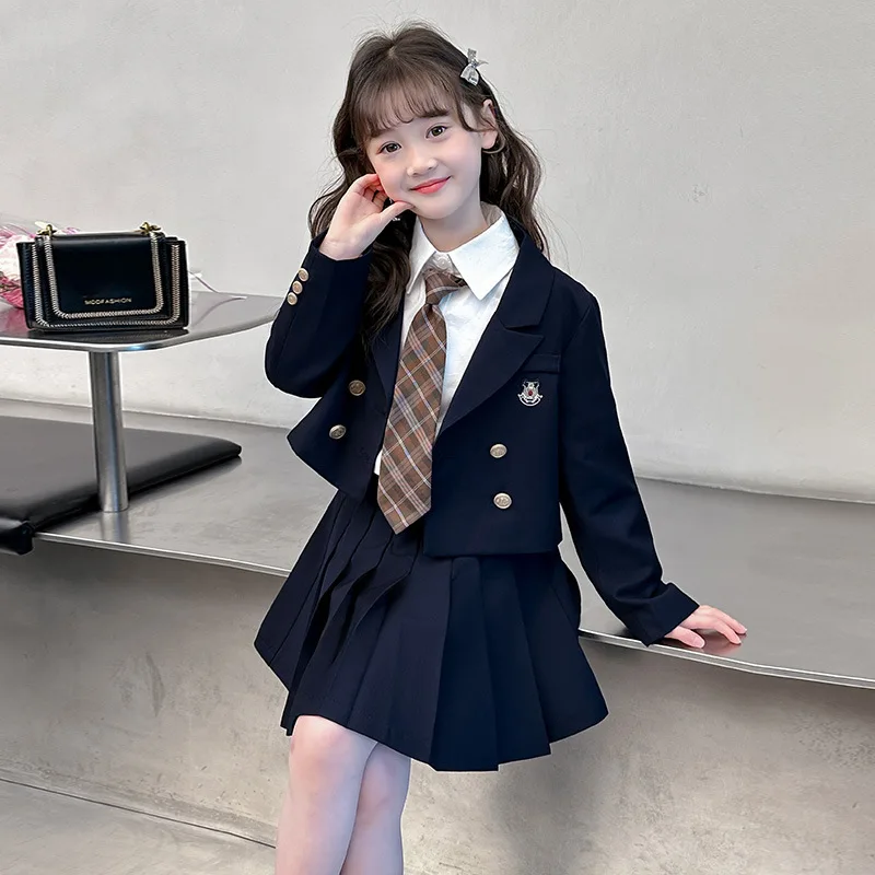 

Kawaii модная рубашка для девочек, пальто, комплект с юбкой, студенческий осенний повседневный костюм с героями мультфильмов, куртка, короткая юбка, комплект из 3 предметов, детская одежда