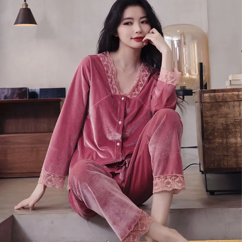 Velvet Nightwear Pyjama Pour Femme Trouser Suit Sleepwear Set Velour Pajamas Female 2Pcs Autumn Winter Sexy V-Neck Lace Homewear