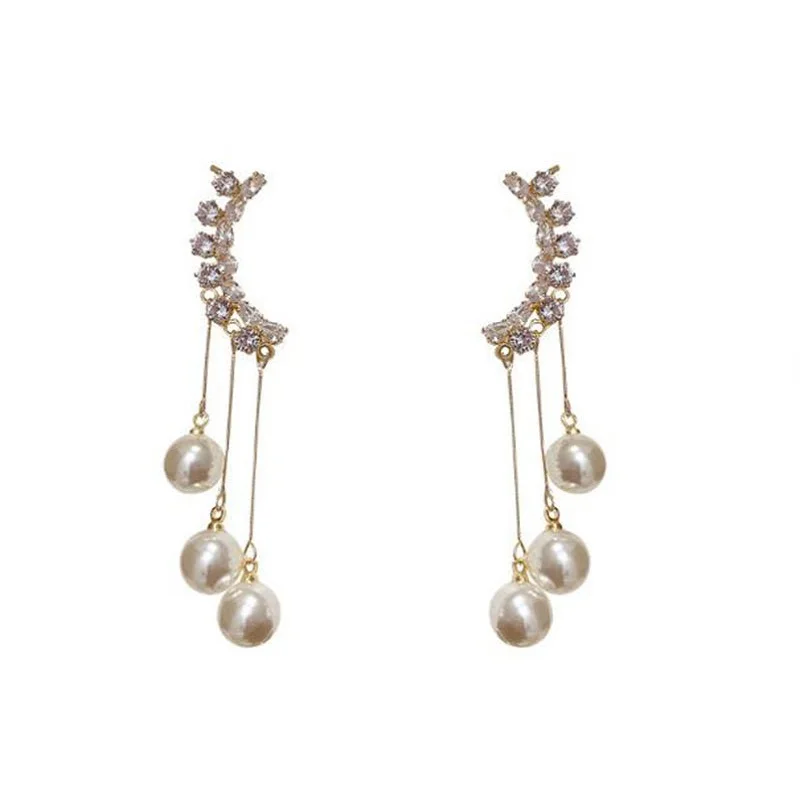 New Crystal Pearl Drop Earrings with Bling  Cubic Zirconia Temperament Women Ear Clip High Quality Gold Color Trendy Jewelry