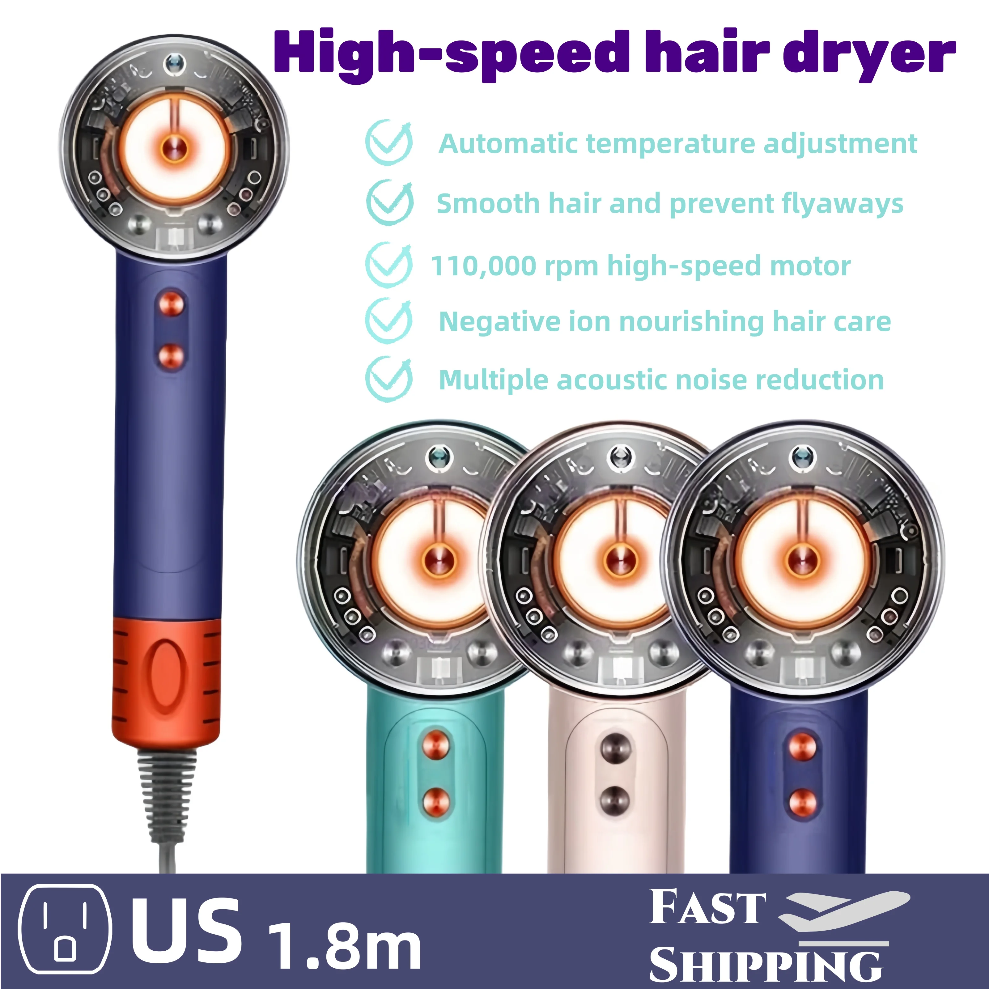 

Профессиональный высокоскоростной фен с отрицательными ионами и быстрым высыханием, бесшумные инструменты для укладки волос с энергией ветра удобно.