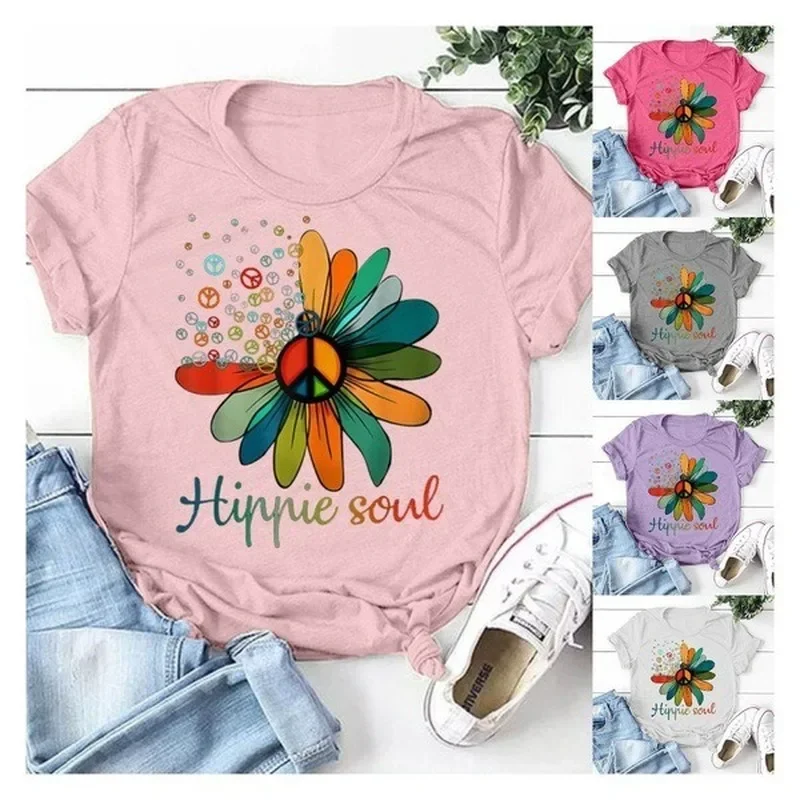 

Hippie Soul Sunflower Print T Shirt Women Short Sleeve O Neck Loose Tshirt Summer Women Tee Shirt Tops Camisetas Mujer