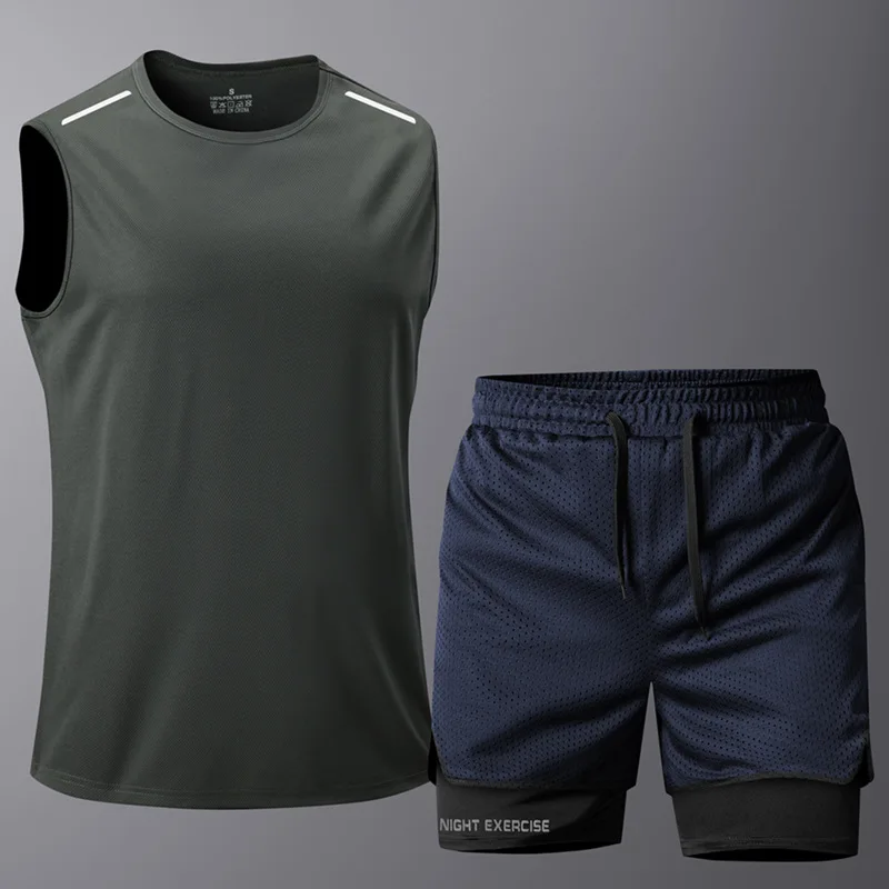 Summer Training Sleeveless shirt+Shorts 2 piece sets Boxing Sports Sets Gym Workout Stretch Quick Drying Tops Running Sets view 3