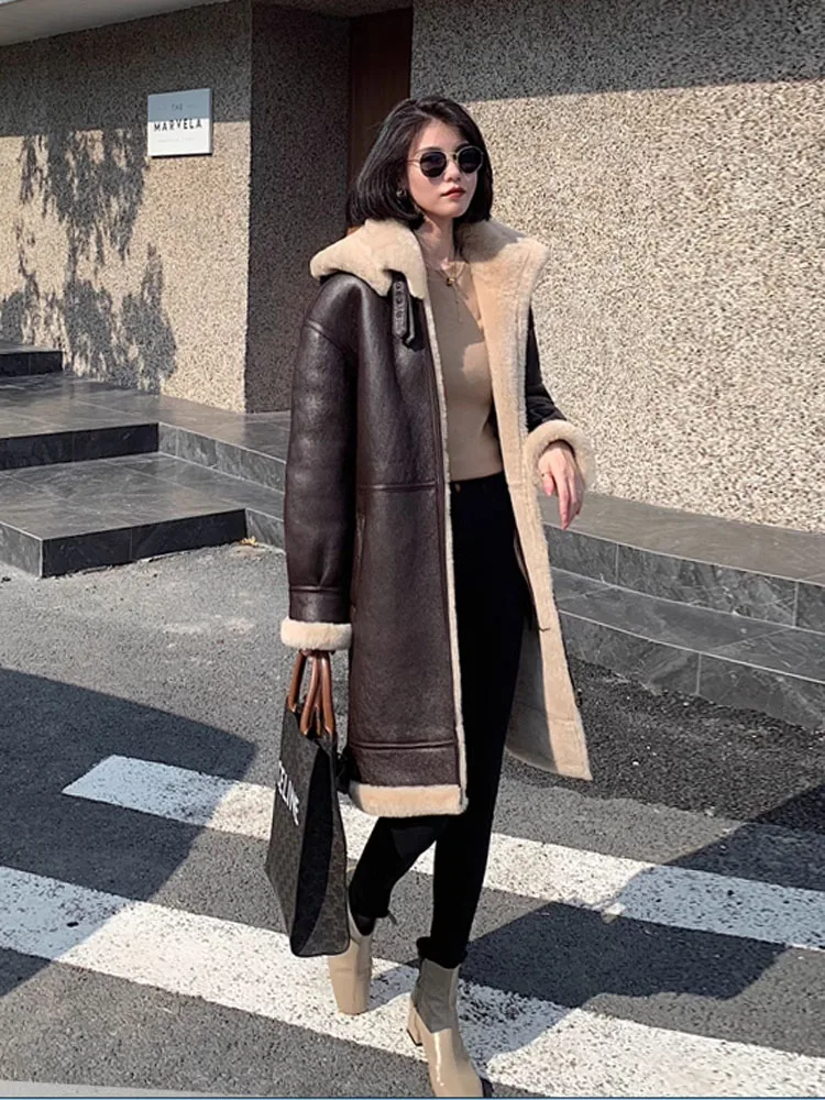 2024 Women\'s Winter Long Coat Genuine Sheepskin Leather Shearling Jacket for Female Thick Wool Liner Hooded Brown Plus Size 7XL