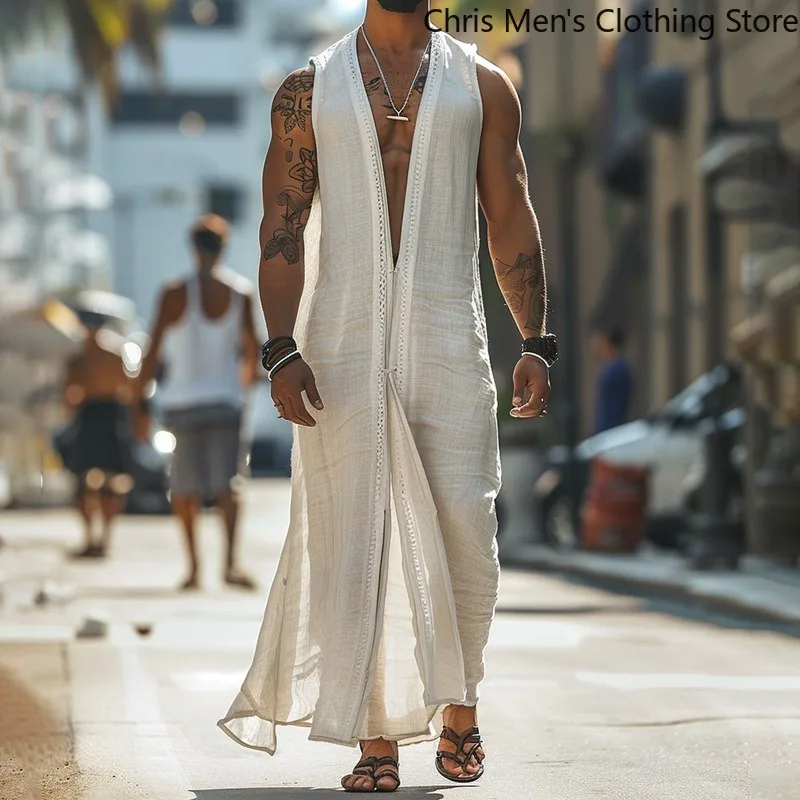 Men Tulum Linen Holiday Cardigan Men's Long White Cardigan Spring / Summer Thin Men's Sun Protection Shirt Fringe Long Cardigan image 6