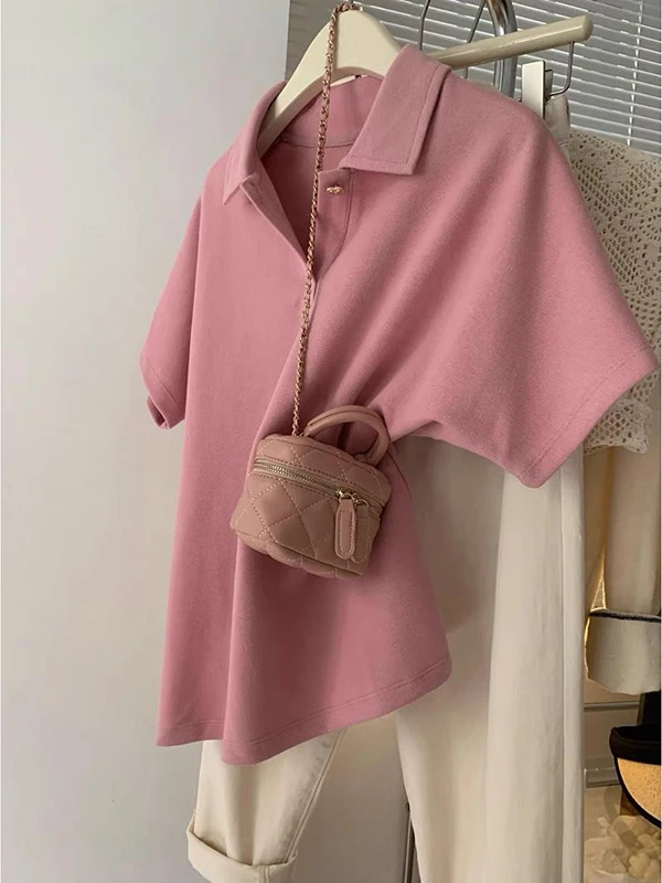 

Женская свободная футболка больших размеров с воротником и коротким рукавом, повседневная, в корейском стиле, зима 2026, хлопок/полиэстер