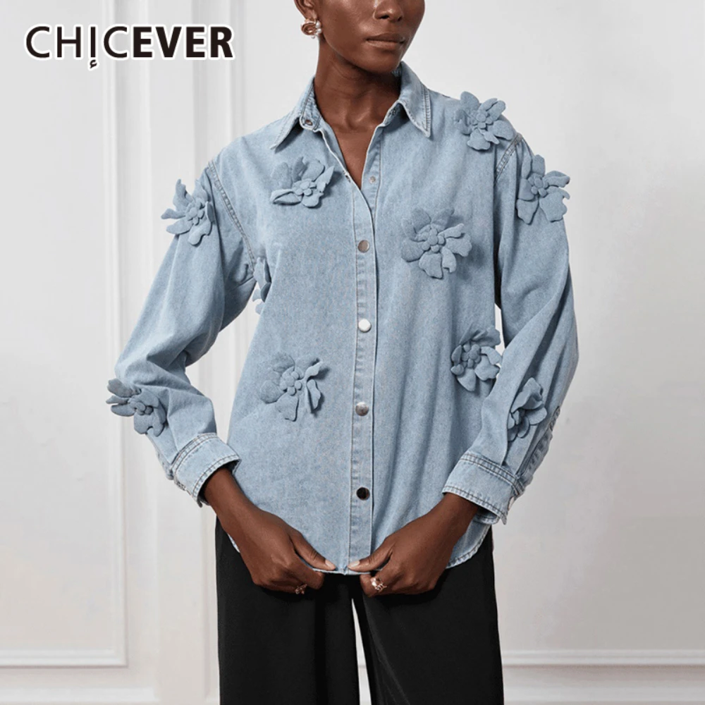 CHICEVER Solid Retro Spliced Appliques Denim Jackets for Women Lapel Long Sleeve Patchwork Button Distressed Washed Coats Female